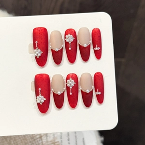Faux ongles faits main en velours rouge avec perles et strass pour mariages