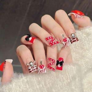 Handmade Press On Nails Red Cherry Black Bow Silver Skull Y2K Punk Style Fake Nails For Women Daily Party Nail Art Decoration