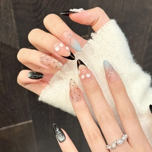 Faux Ongles à Presser Faits Main Dégradé Rose Noir Bleu Avec Fleurs 3D et Künstliche Perles Forme Amande Pour Femme Décoration Quotidienne