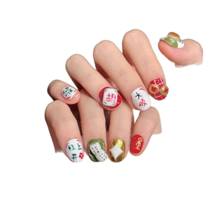 Handmade Mahjong themed press-on nails with 3D dice and lucky character designs