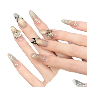 Pink and blue gradient cat-eye press-on nails with luxury crystal crown and 3D butterfly