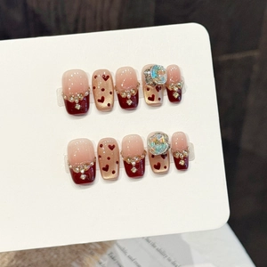 Handmade Wine Red Heart Rhinestone Press On Nails Sweet Cat Eye Luxury Crystal Fake Nails For Women Wedding Party Nail Art