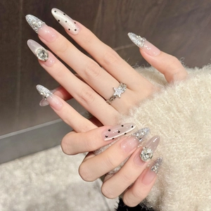 Faux Ongles Français Faits à la Main Rose Nude Strass Paillettes Pois Forme Amande Longue Faux Ongles pour Femmes Manucure Bijoux
