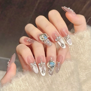 Handmade Nude Pink Cat Eye Press On Nails Long Oval Butterfly Blue Rhinestone Luxury 3D Artificial Pearl Fake Nails For Women Party