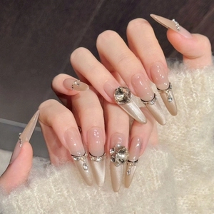 Handmade Nude Gradient Cat Eye Press On Nails With Large Rhinestone Artificial Pearl Stiletto Fake Nails Luxury Nails For Women Jewelry