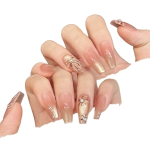 Pink brown gradient press-on nails with luxury cat-eye finish and 3D rhinestone accents