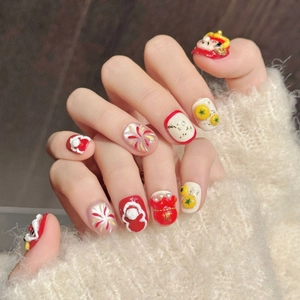 Handmade 3D Relief Lion Dance Chinese New Year Press On Nails AI-ABS Plastic Red Gold Fortune Bag Handmade Nails For Women