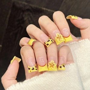 Handmade Yellow Press On Nails With 3D Relief Floral And Leopard Print Design Sweet Style Artificial Nail Tips For Women Party Decoration