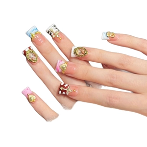 Baroque retro press-on nails with pink marble texture and gold metal cross charms
