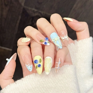 Handmade Sweet Lemon Blueberry 3D Bow Almond Shape Press On Nails Pink Yellow Contrast Color Painted False Nails For Women