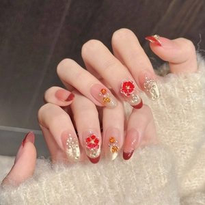 Handmade Red And Gold Flower Press On Nails 3D Relief Rhinestone Artificial Pearl Gradient Oval Elegant Festive Fake Nails For Women