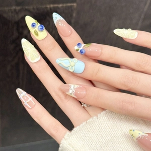 Sweet pink and yellow press-on nails with 3D blueberry and lemon floral motifs