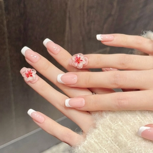Handmade French Style Press On Nails Naked Pink White Tip 3D Carved Flower Rhinestone Coffin Shape Elegant Artificial Nail Set