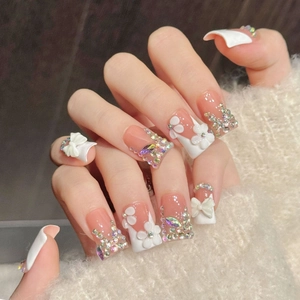 Handmade Pink White French Tip Press On Nails With Bowtie Camellia Flower Rhinestone Sweet Luxury Square Fake Nails