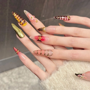 Handmade Long Stiletto Press On Nails Amber Tortoiseshell Gold Pattern Butterfly 3D Flower Design Luxury Fake Nails Set For Women