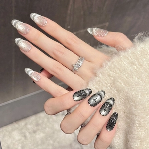 Silver Black Gradient Cat Eye Press On Nails With Cross Star Decor Handmade Gothic Y2K Almond Shape False Nails For Women