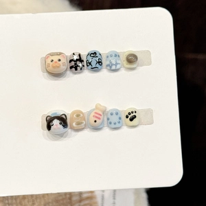 Cute Cartoon Cat Handmade 3D Relief Press-On Nails Blue White Star Pattern Reusable Fashion Artificial Fake Nails For Women Children