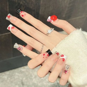 Handmade red heart and lip press-on nails in long square shape with 3D rose and rhinestones
