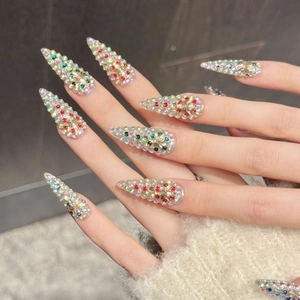 Handmade Stiletto Press On Nails Long Full Rhinestone Multicolor Sparkling Star Snowflake Artificial Nails Christmas Party Women Jewelry