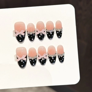 Handmade French Black Polka Dot Press On Nails With 3D Pink Bow Rhinestone Almond Shape Reusable Sweet Cool Style For Women