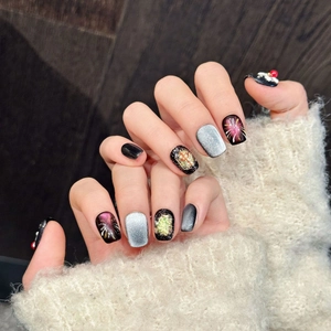 Handcrafted Lion Dance Fireworks Press On Nails Cat Eye Magnetic 3D Relief Red Bead Short Square Fake Nails For New Year