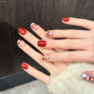 Handmade Christmas Press On Nails Red 3D Relief Snowman Cherry Design Short Oval Fake Nails For Women Festival Party Jewelry