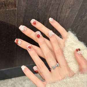 Handmade Pink Strawberry Press On Nails Decorative 3D Flower Artificial Pearl Bowknot Fake Nails For Women Girl Sweet Manicure Art