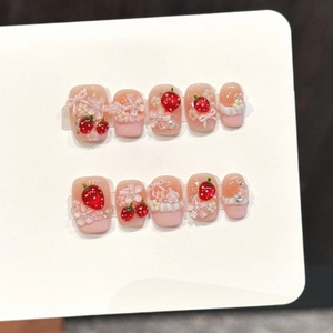 Pink jelly strawberry press-on nails with 3D flowers, pearls and bow accents