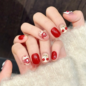 Cute Christmas snowman red press-on nails with 3D cherry and mushroom nail art