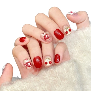 Cute snowman and red berry handmade press-on nails for Christmas and New Year festivals