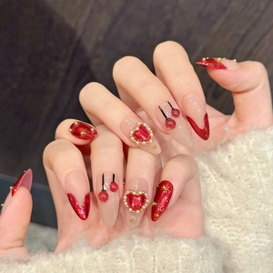 Handmade wine red cat-eye almond press-on nails with 3D heart pearl and cherry design