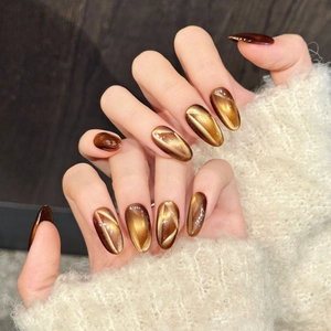 Caramel Gilt Amber Cat Eye Press On Nails Glossy Medium Oval False Nails Elegant Luxury Magnetic Shimmer Fake Nails For Women Jewelry