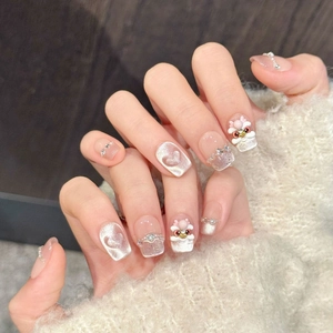 Handmade Cat Eye Press On Nails Pink Milk Tea Heart 3D Lion Decoration Rhinestone Artificial Pearl Fake Nails Coffin Style For Women