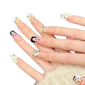Chic square fake nails with 3D floral accents and zebra stripes on pink base