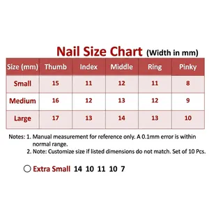 Detailed nail size chart for handmade press-on nails from XS to L for precise fitting