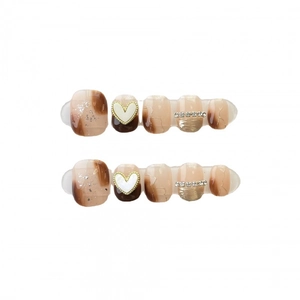 Brown amber marble press-on nails with 3D white hearts and sparkling rhinestone accents