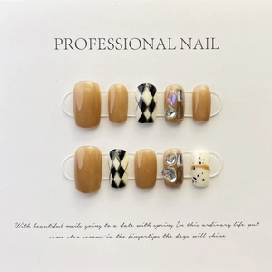 Handmade Press On Nails Autumn Metal Gold Japanese Checkerboard Glossy Resin Rhinestone Luxury Fashion Artificial Nails For Women Daily Nail Art Decoration