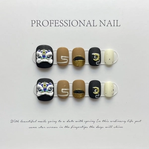 Handmade Lion Dance Relief Press On Nails Hand Painted New Year Style Reusable False Nails For Women Festive Jewelry