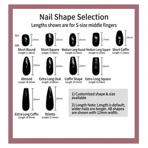 Size guide for handmade press-on nails showing 11 different shapes and lengths