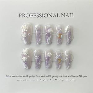 Handmade purple coffin press-on nails with 3D roses, pearls, and rhinestones set