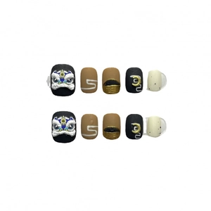Handmade 3D embossed dancing lion press-on nails with lucky cloud and gold leaf details