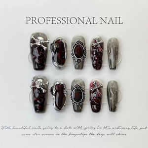 Gothic Dark Red Marble Handmade Press On Nails 10Pcs With 3D Silver Skull And Cross Decor Punk Style Fake Nails For Women