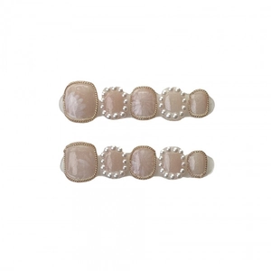Elegant lily of the valley press-on toenails with white pearls and gold chain accents