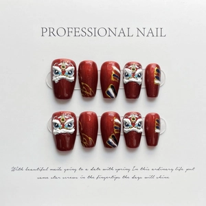 Handmade 3D Relief Lion Dance Red Shimmer Short Coffin Press On Nails Traditional Chinese Style Women Manicure Decor