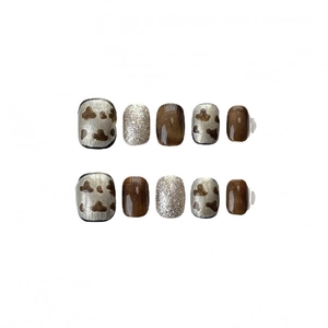 Handmade press-on nails set with silver brown cat-eye and leopard prints in short square shape