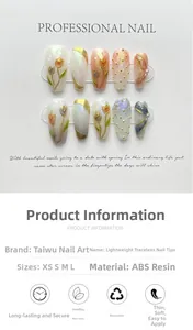 Detailed chart showing tulip nail set sizes XS to L with 3D embossed floral art