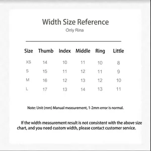 Guide des tailles pour ongles à presser indiquant les dimensions de largeur de XS à L