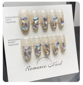 Detail of 433 Ice Diamond long trapezoid press-on nails with heart crystals