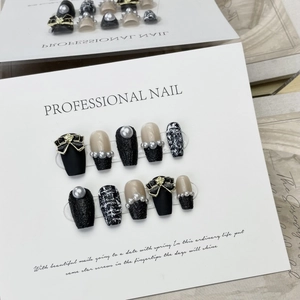 Handmade Elegant Tweed Press On Nails Black White Bow Artificial Pearl Rhinestone Design Glossy Matte Mixed French Style For Women