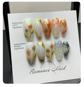 Detail of handmade press-on nails featuring 3D tulips, pearls and diamond textures